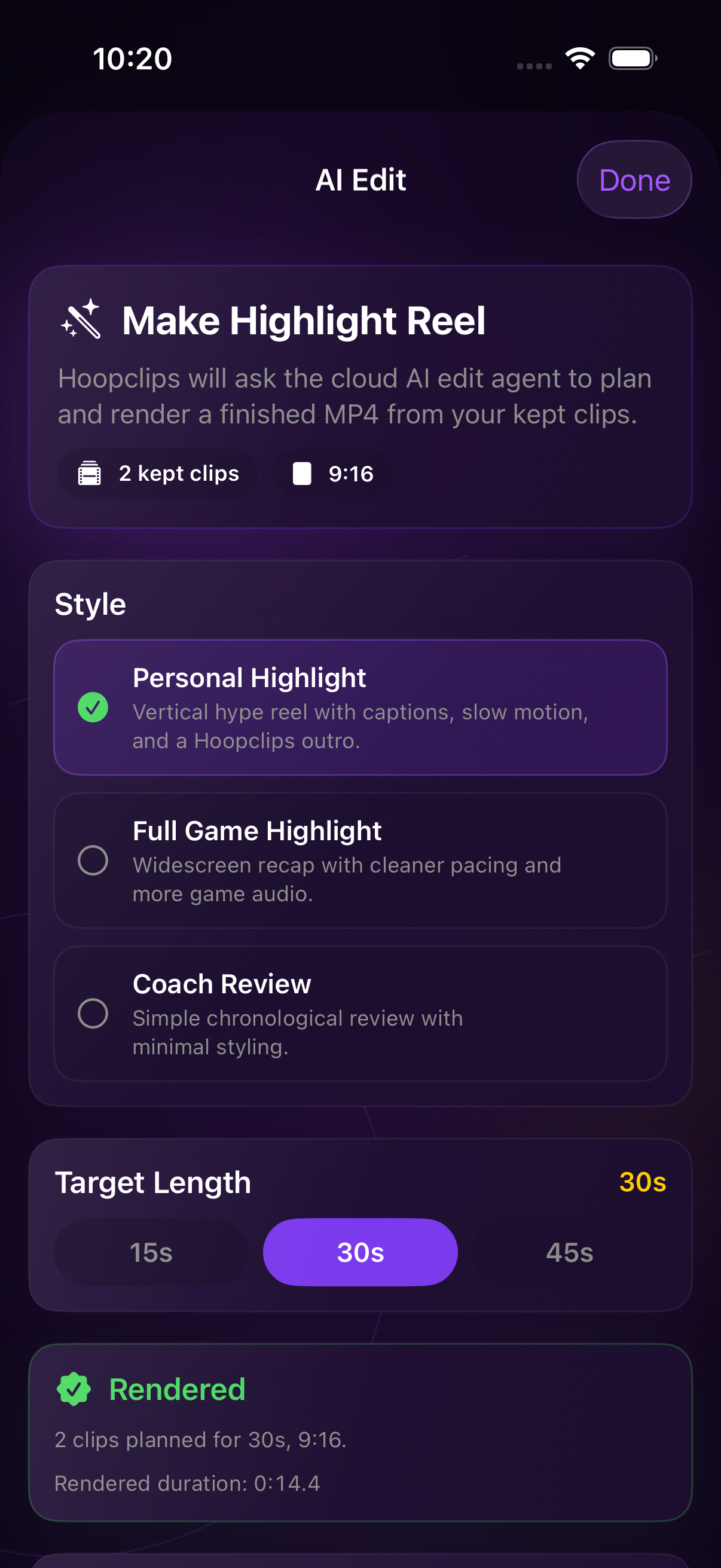 HoopClips AI Edit rendered status screen