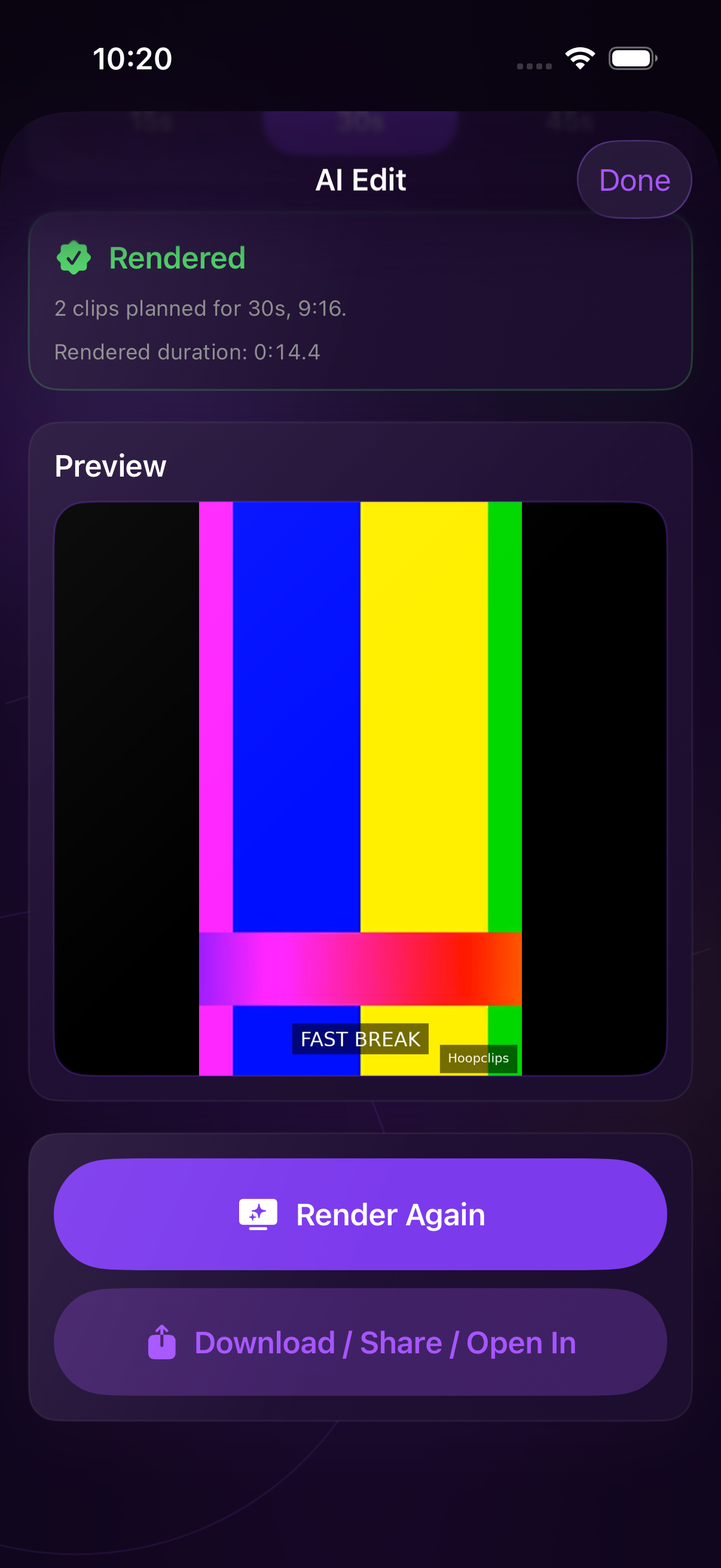 HoopClips AI Edit rendered preview and share screen