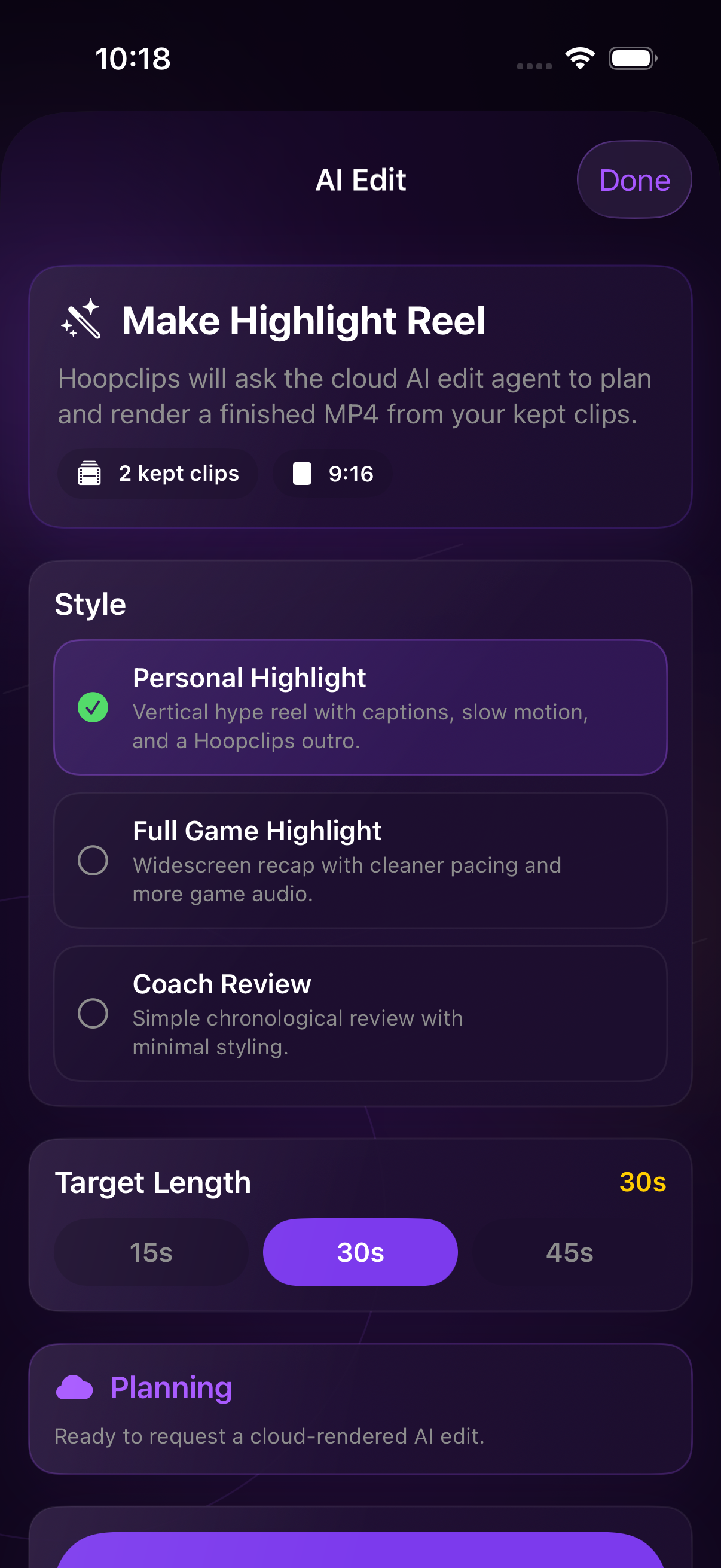 HoopClips AI Edit style picker screen