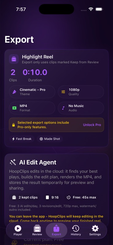 HoopClips iOS AI Edit Agent export screen