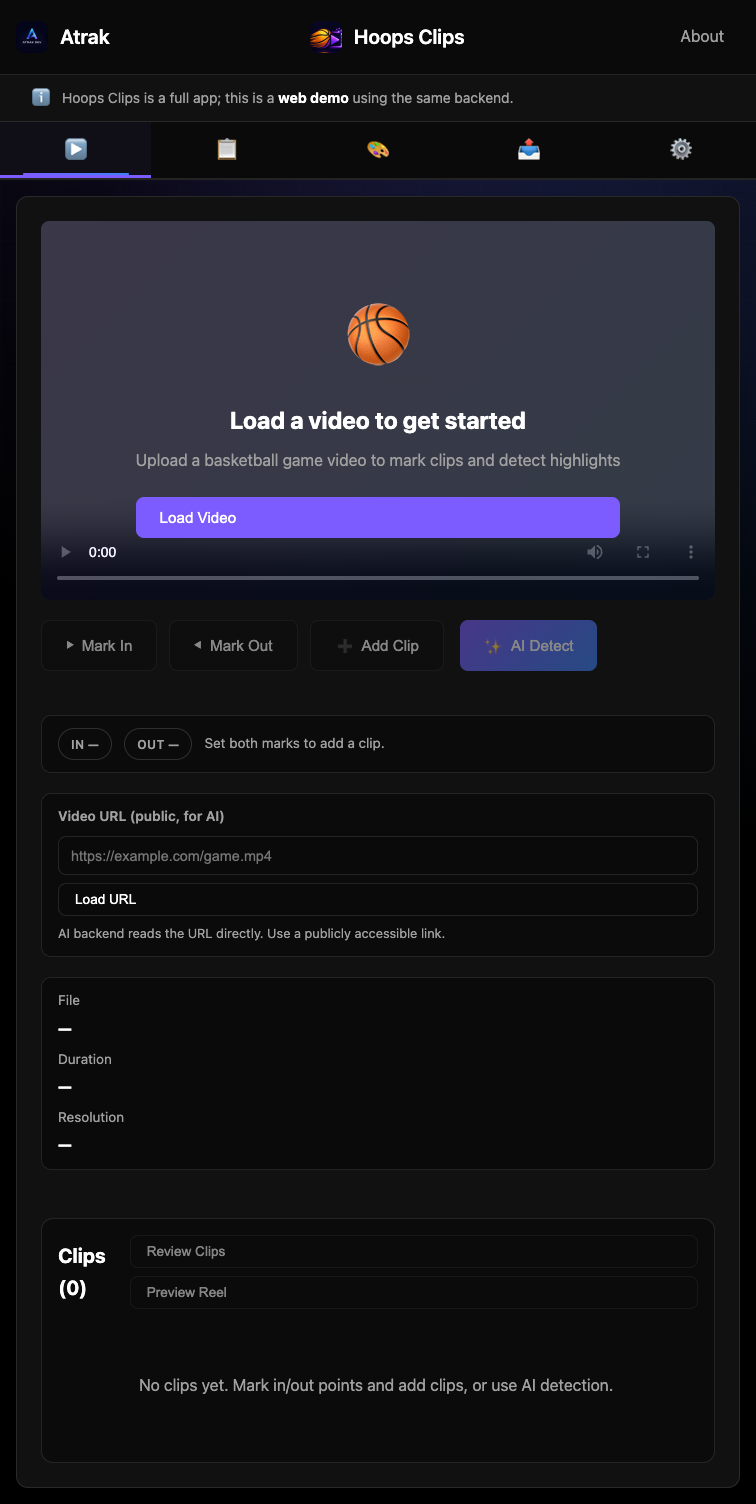 HoopClips web demo upload interface from Atrak